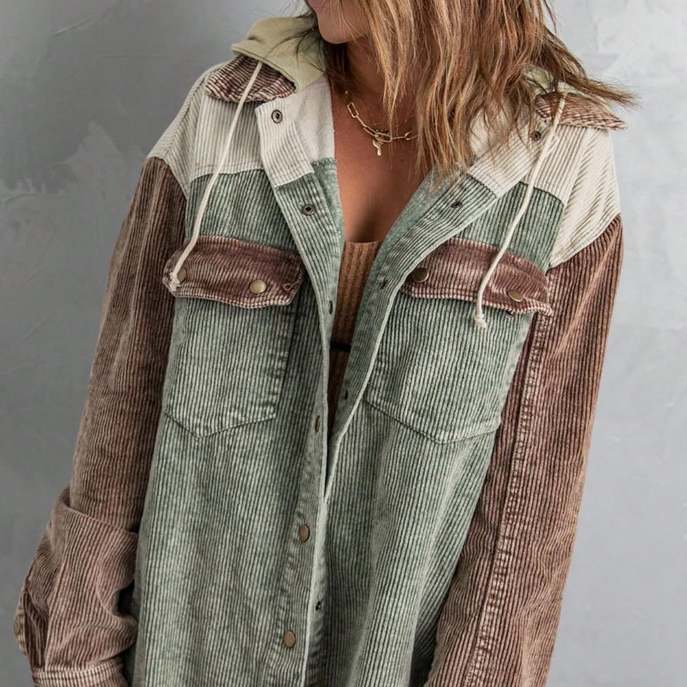 Green Casual Womens Pocket Drop Shoulder Raw Hem Drawstring Hooded Corduroy Coat - Picture 3 of 7